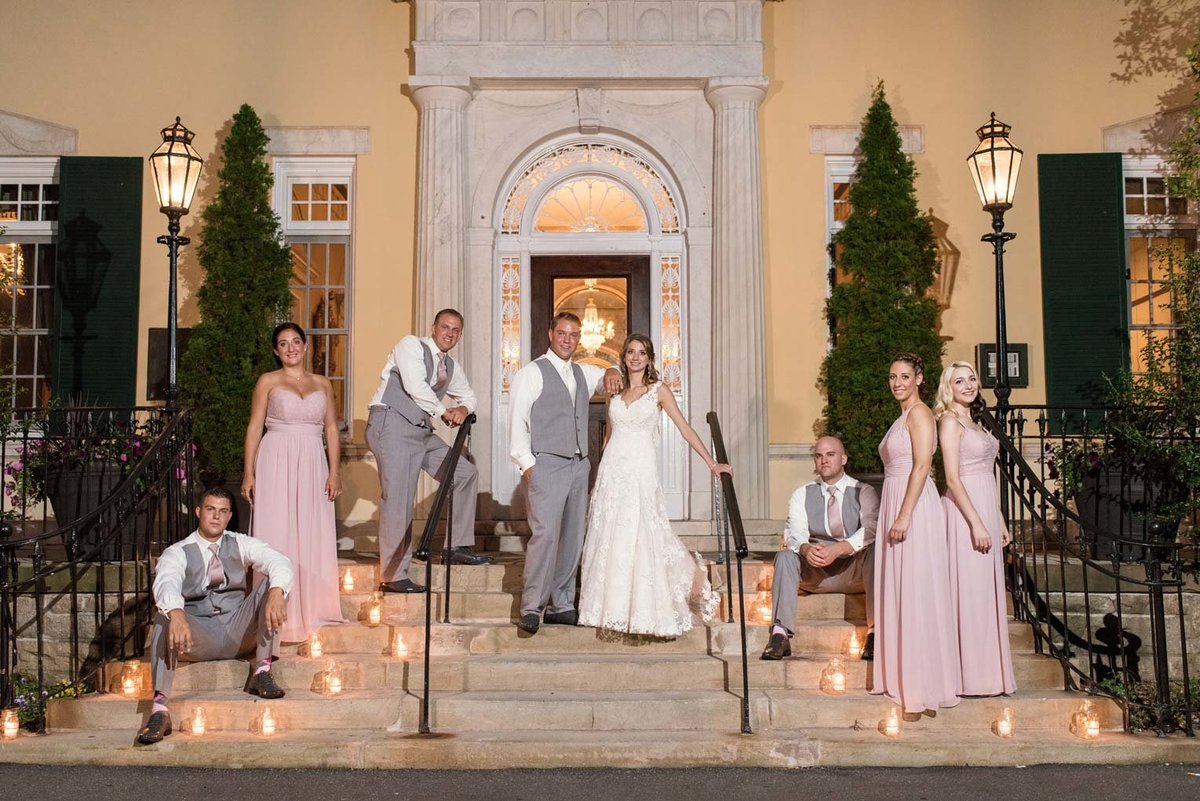 Bridal party photo at the steps of The Mansion at Oyster Bay