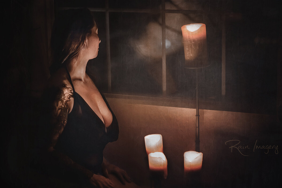 Art Boudoir photo looks like a painting of a woman looking out a window  of an Airbnb in Occoquan VA