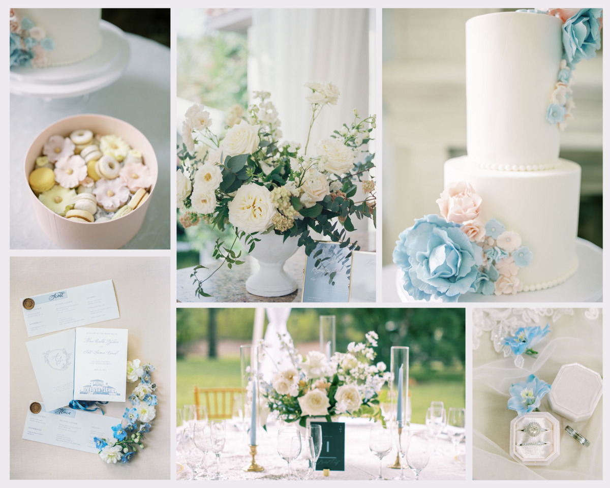 collection of dusty blue wedding decor and invitations