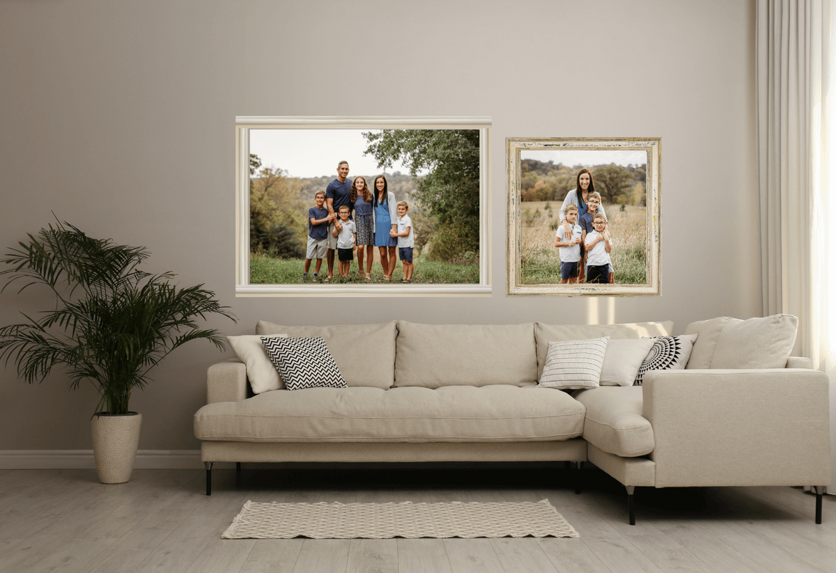 Family portrait artwork displayed in a neutral colored living room.