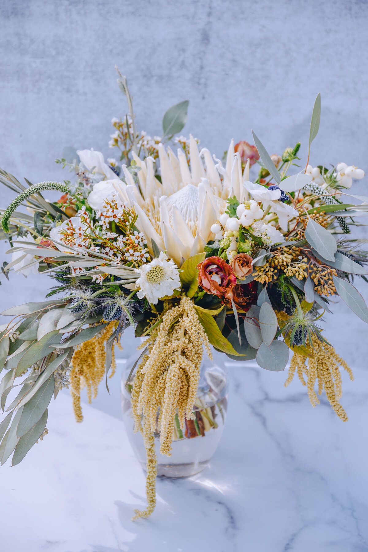 bridal bouquet with hanging cooper amaranthus, mauve lisianthus, white scabiosia and large protea