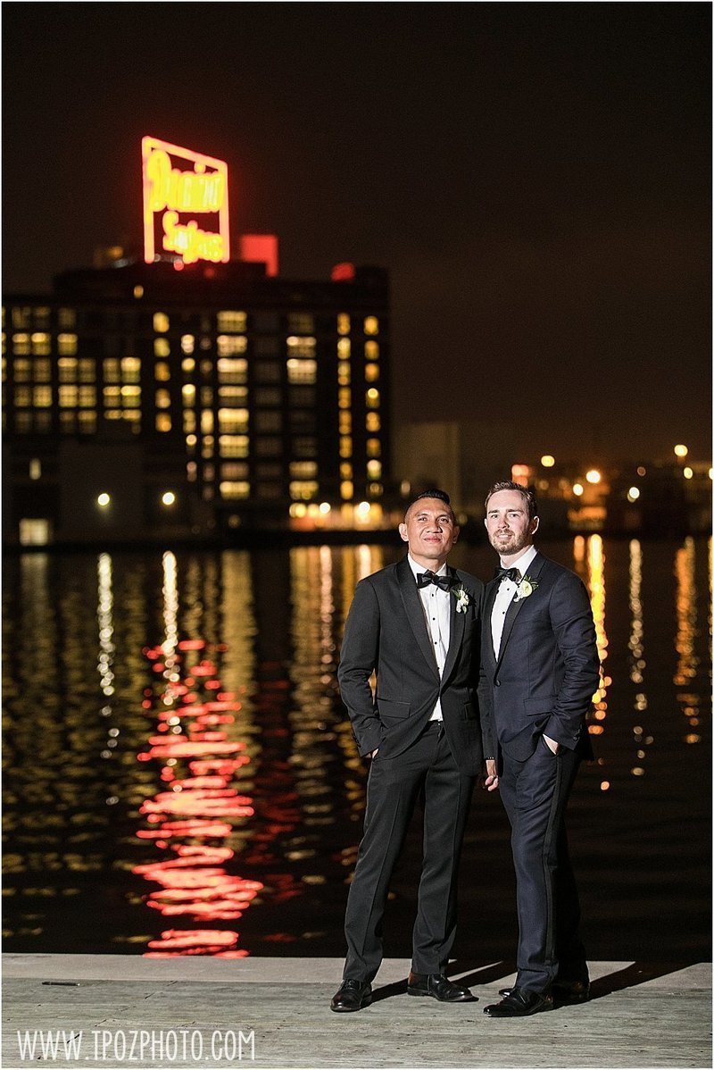 2 grooms same-sex wedding in Baltimore, under the Domino Sugar sign