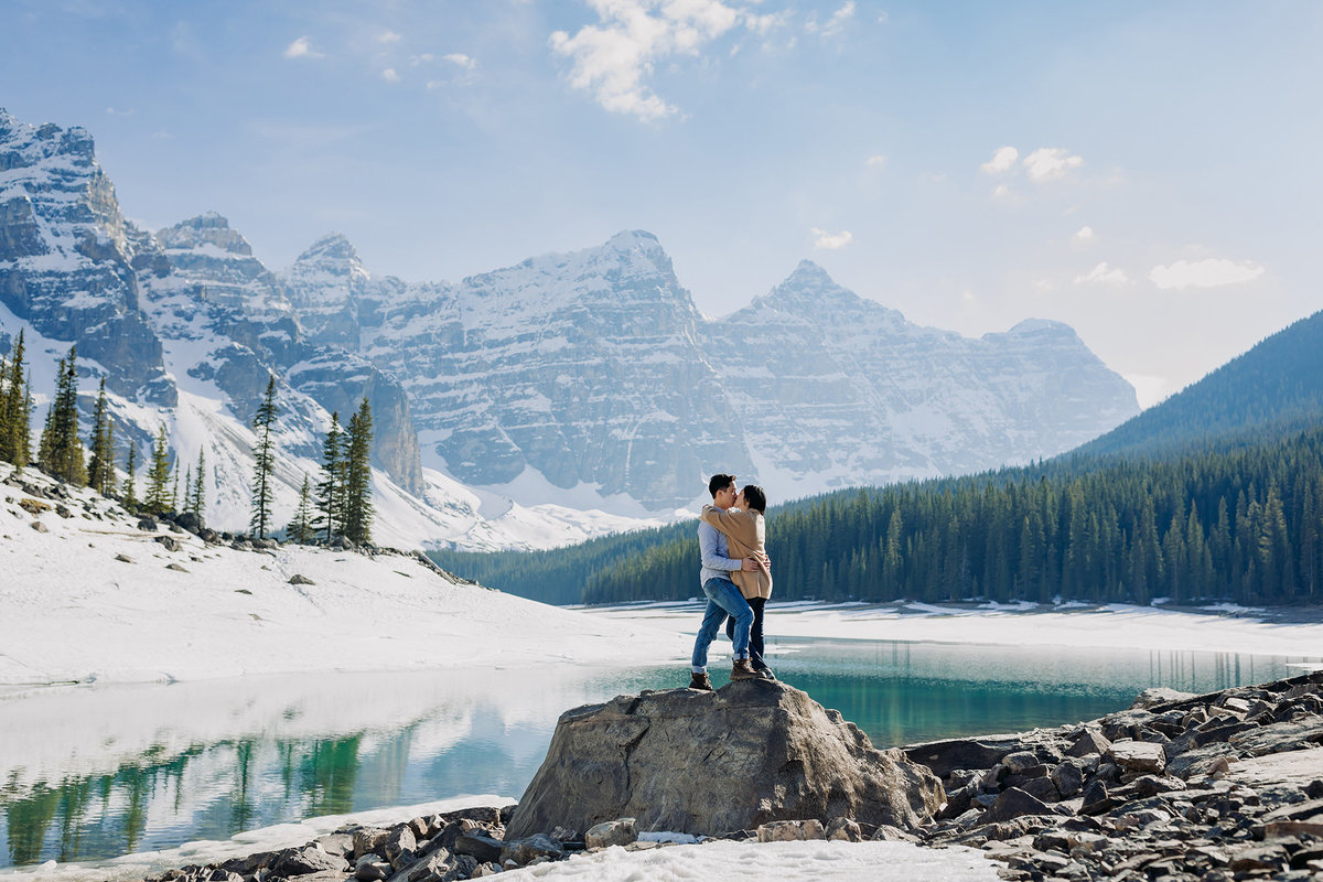 spring moraine lake engagement session low water frozen lake