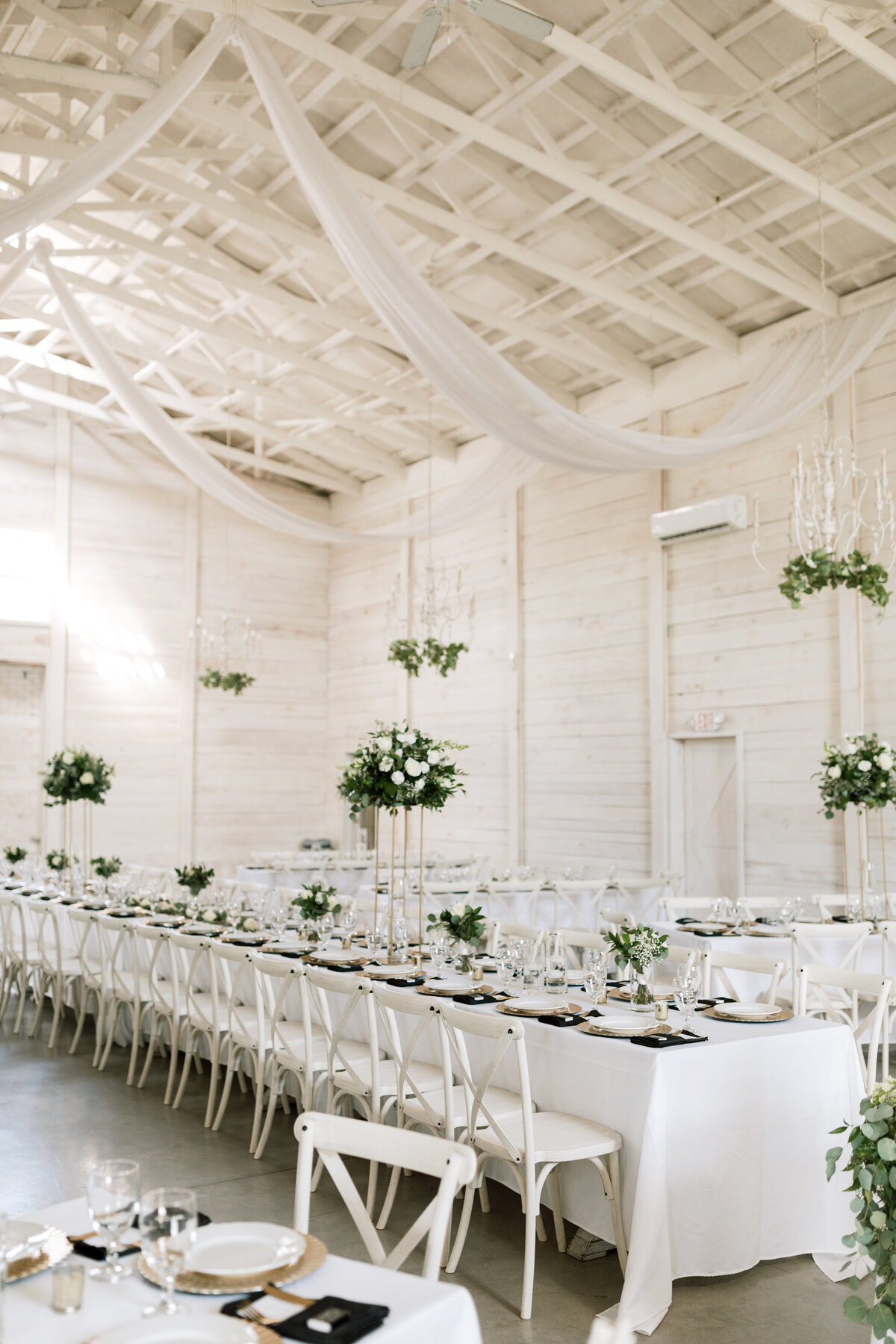Inspiration for White Dove Barn reception design with classic cream and greenery