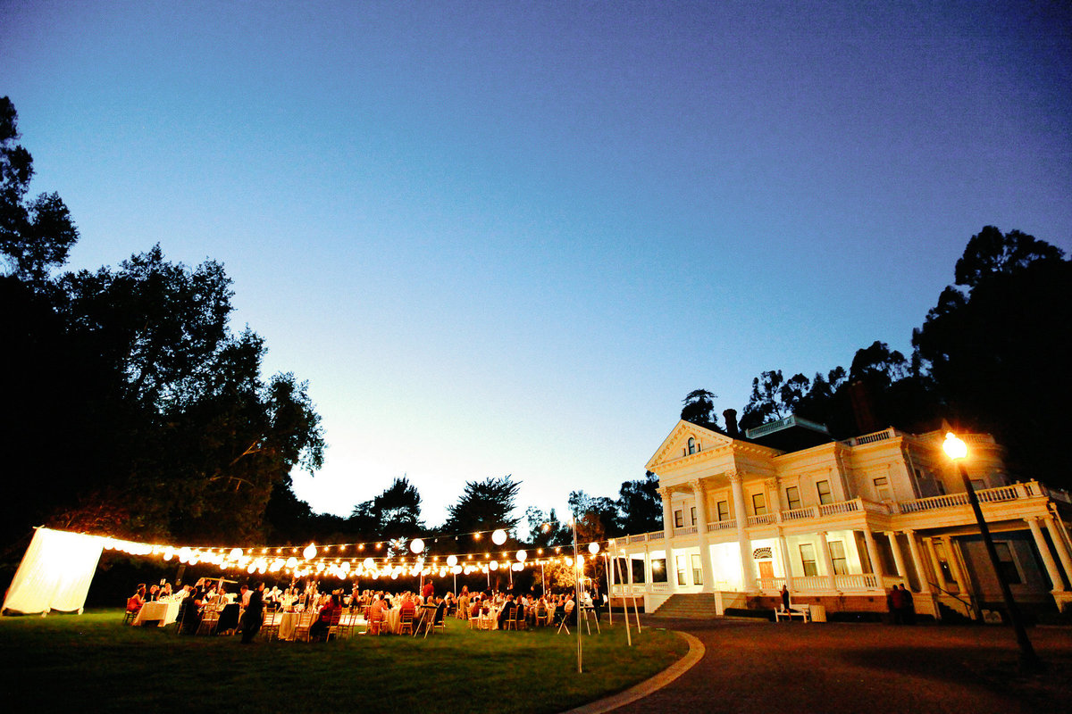 A beautiful wedding reception using cafe lights at the Dunmuir Estate in Oakland, Ca.