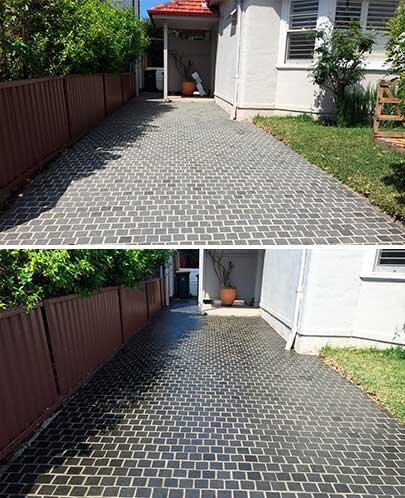 A before and after residential driveway pavers professionally cleaned.