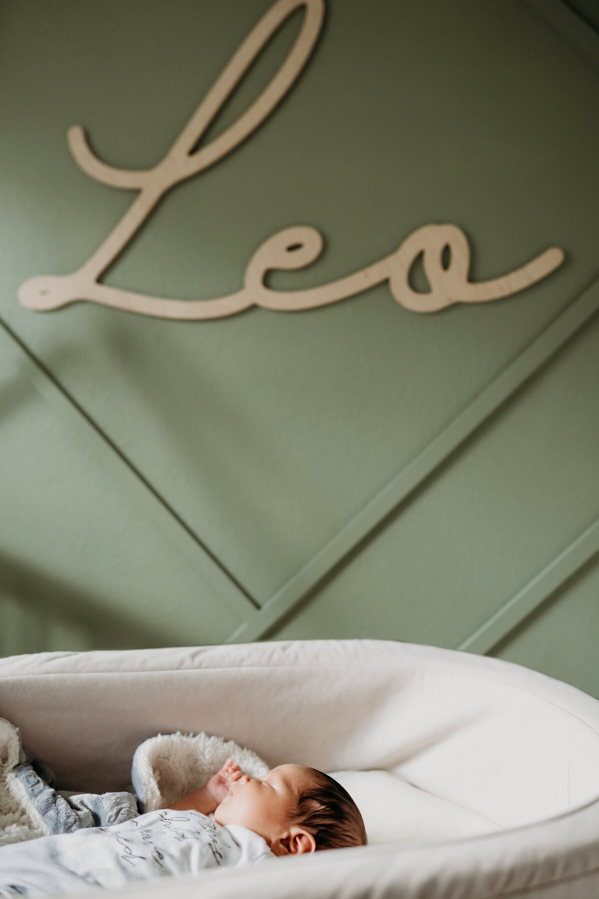 Newborn Photographer,  a baby lays in a bassinet under a script wooden emblem on the wall that reads "leo"