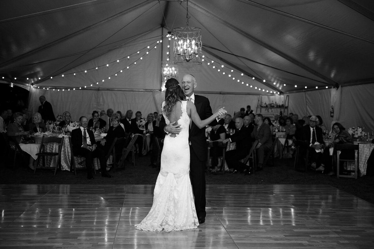 bride with dad first dance at RItz tahoe tent wedding