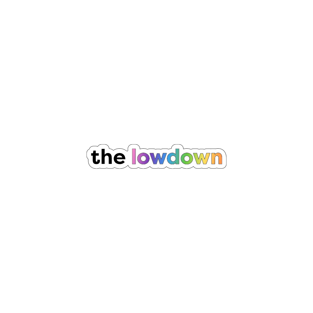 A rainbow image of the words "the lowdown"