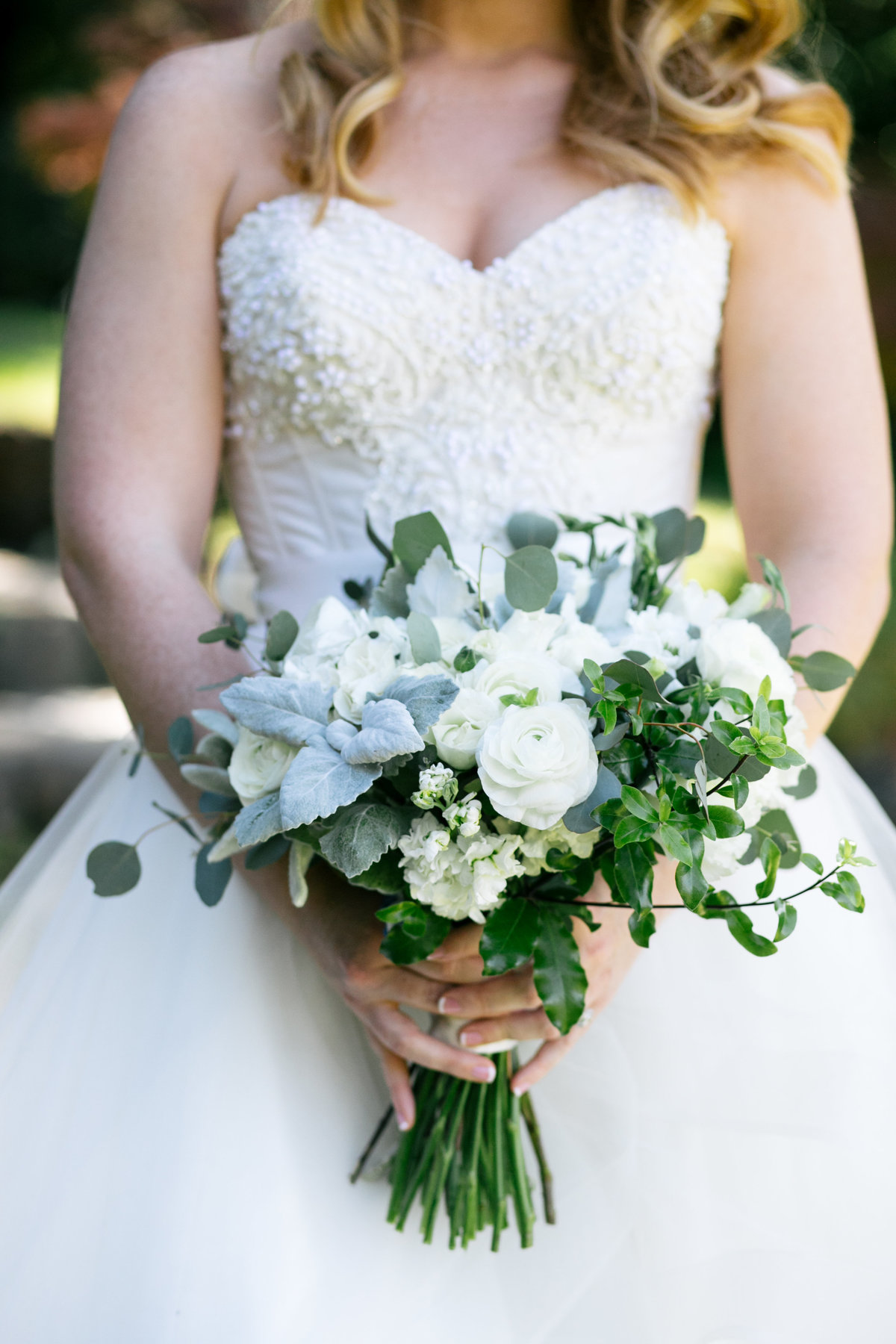 White and sage wedding bouquet Foothill Flowers Grass Valley, Ca