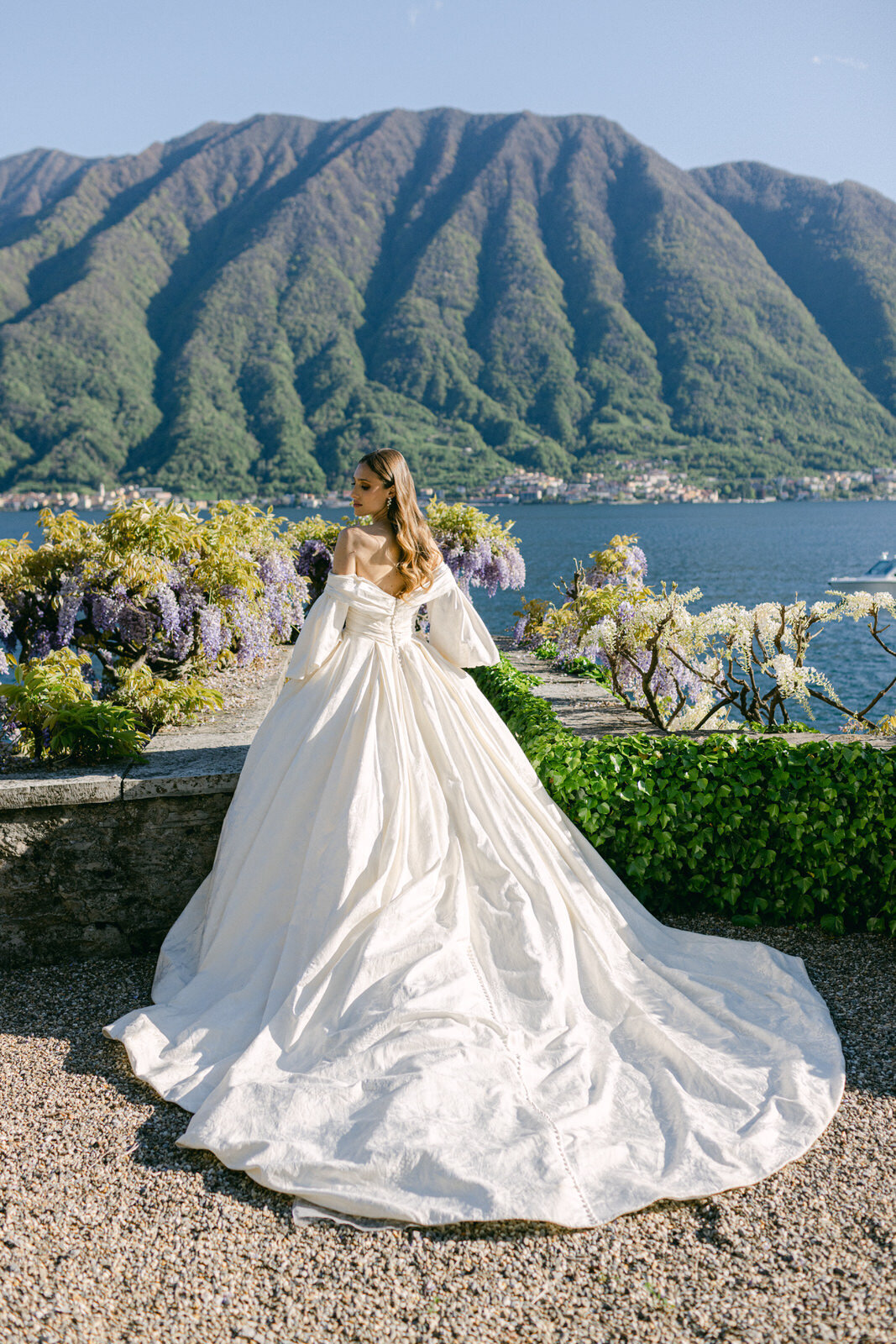 bride in her wedding gown with the Lake Como view