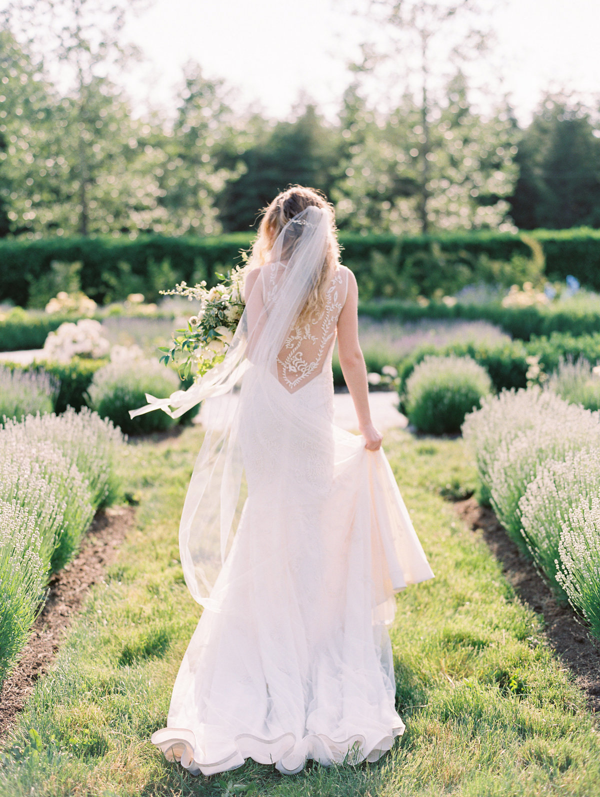 bride walking through the english garden at monet vineyards