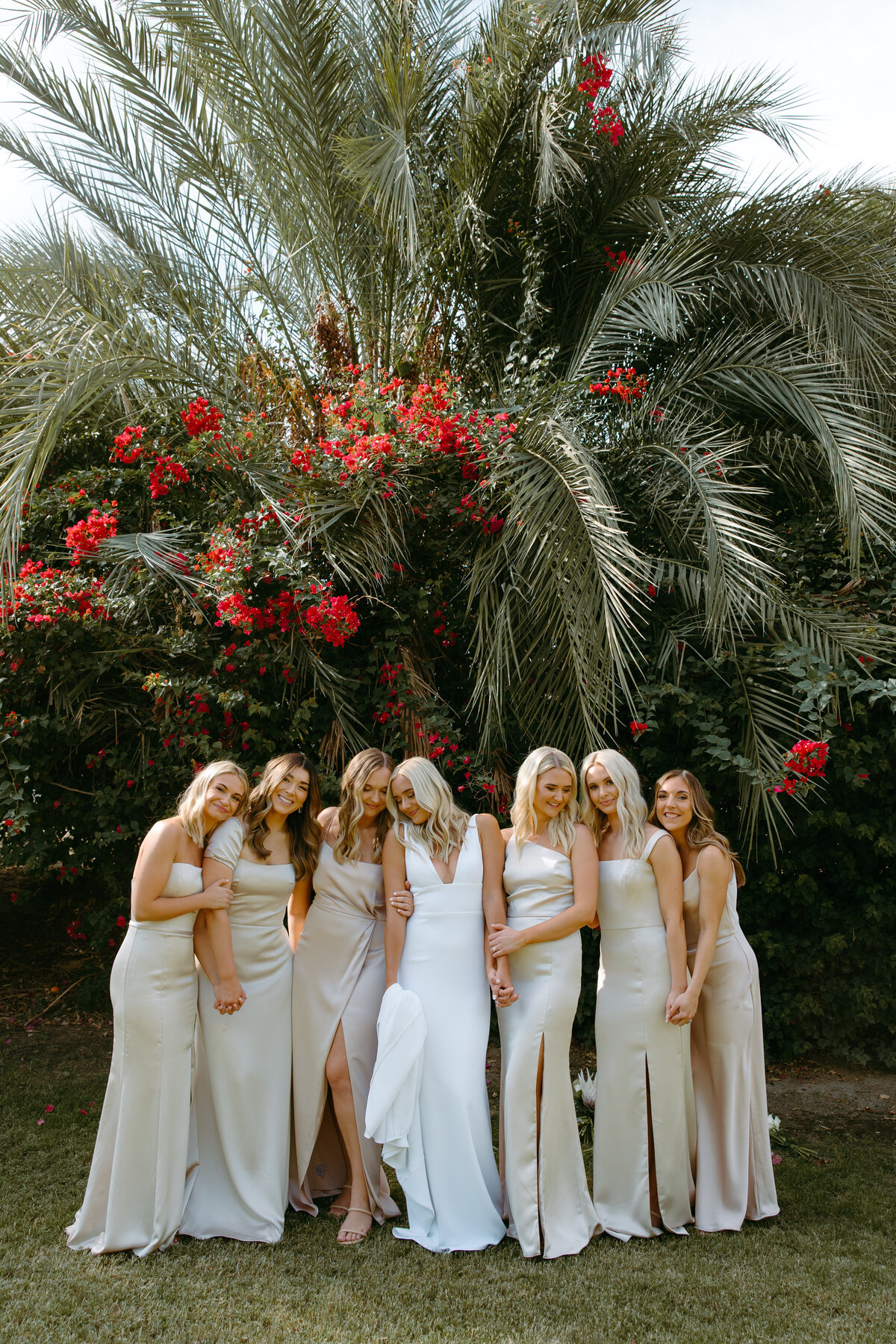 Bride and Bridesmaids  pose with trees and flowers in the back that are a vibrant pink and green