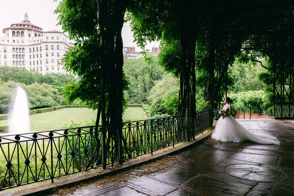 A wedding portrait of a bride at the Wisteria Pergola at the Conservatory Gardens