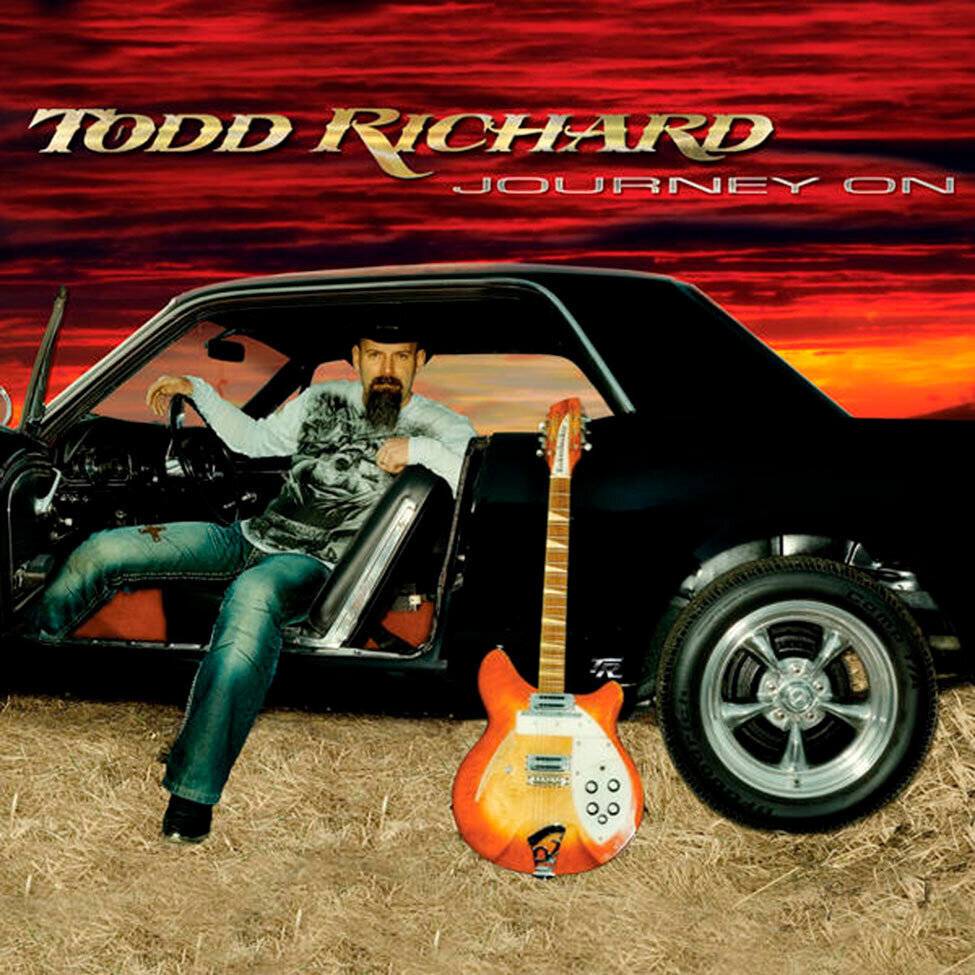 Album CoverTitle  Journey On Artist Todd Richard sitting in drivers seat of black mustang with car door open orange guitar leaning on  passenger door beside him