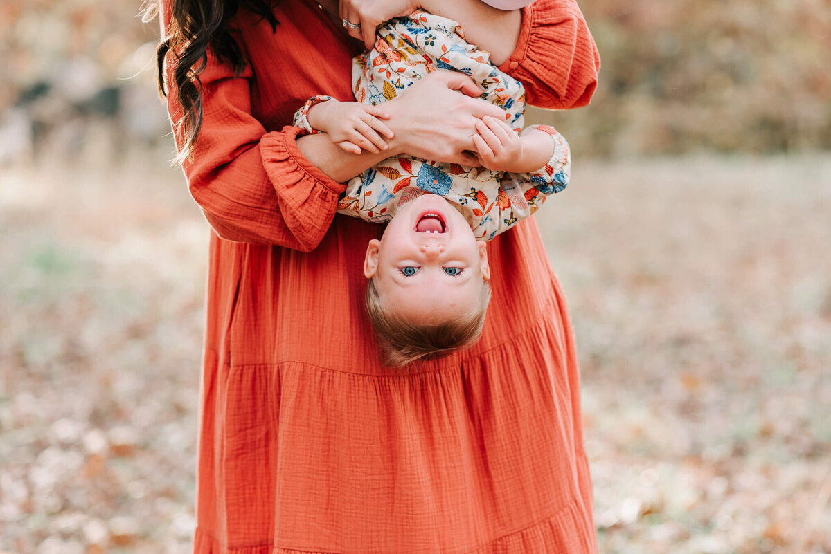 Woman holding her daughter upside-down by nothern virginia family photographer, Denise Van