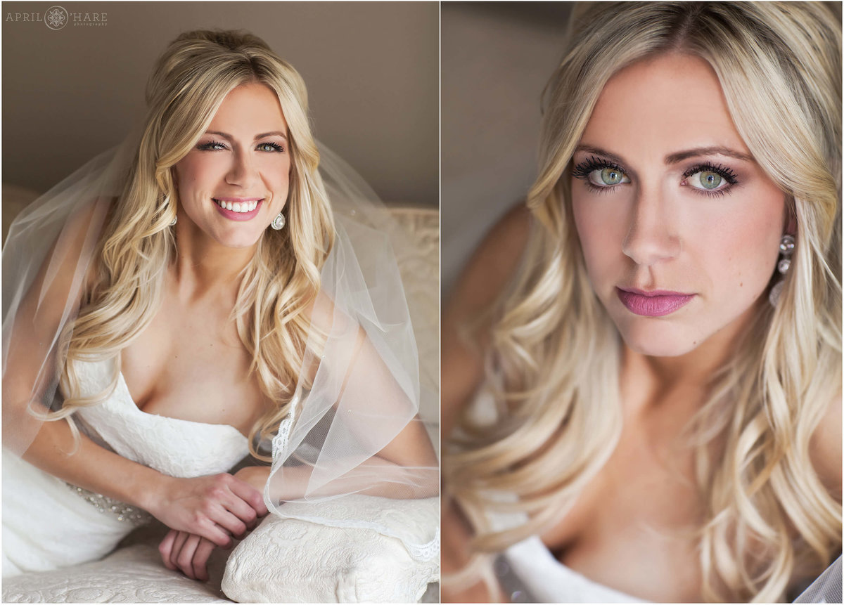 Close up headshot style bridal portrait at the Highlands Ranch Mansion at a winter wedding in Denver, CO