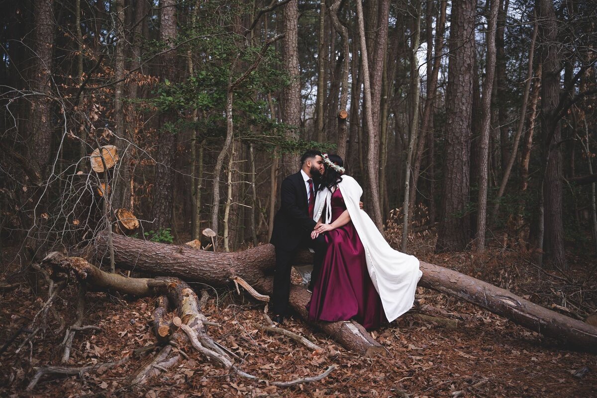 Pemberton Park Elopement Gothic Wedding Flower Crown Fallen Tree Forest Kiss Cape White Hispanic Gown