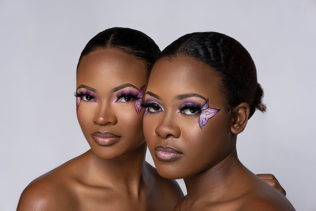 Two Black Females Butterfly Painted Eyes Beauty Portrait