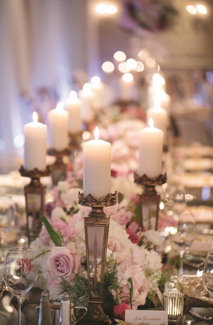 blush-gold-wedding-reception-centrepiece-candles-flowers