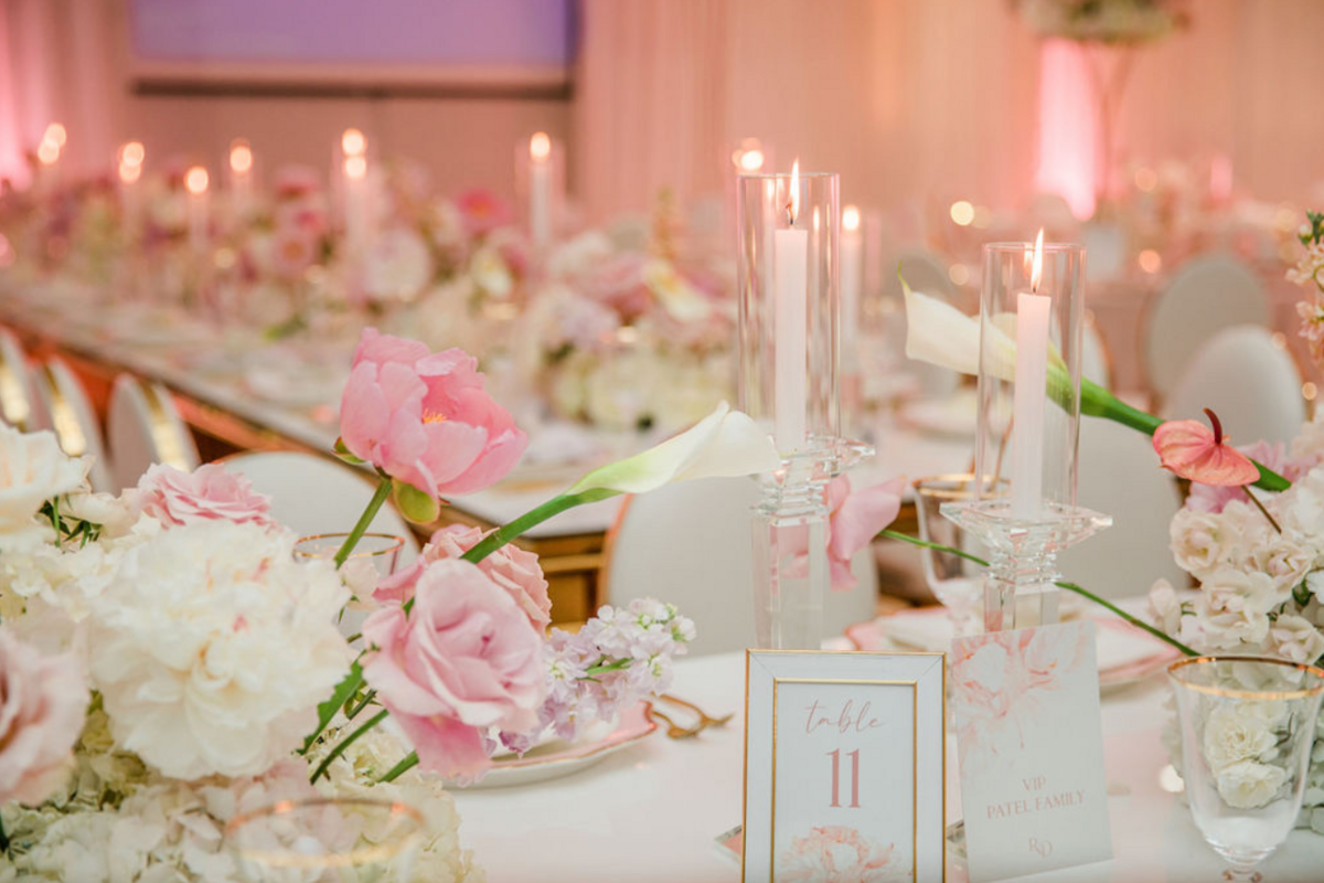 pink-gold-ivory-engagement-party-crystal-candles-flowers-centerpiece