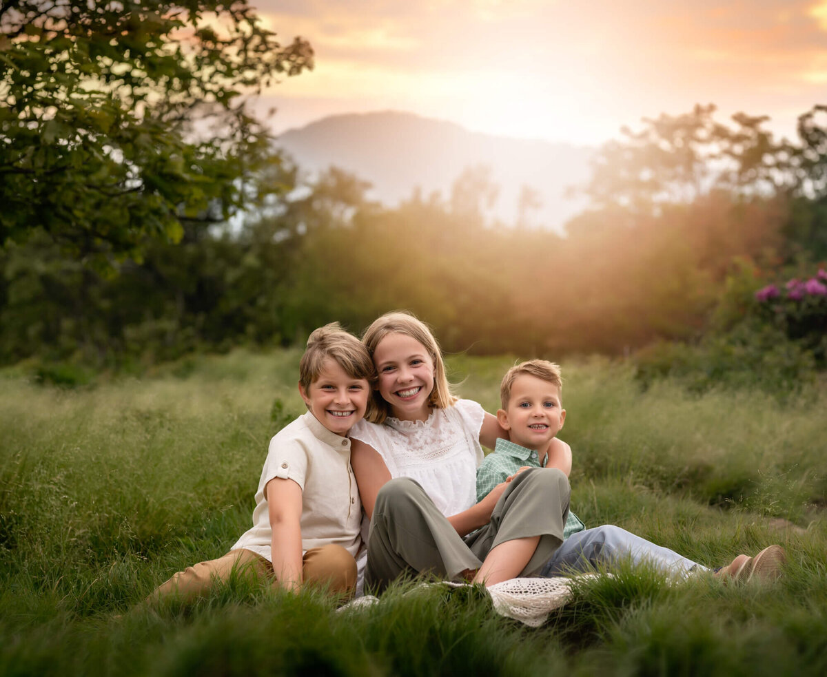 A sister and her two brothers sitting in the grass at Craggy Gardens