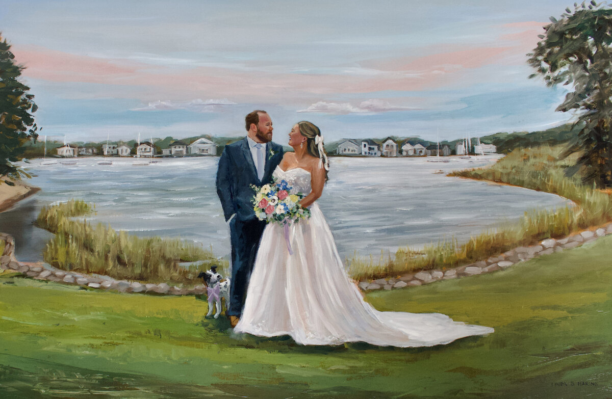 live painting bride and groom first look at Inn at Longshore westport CT