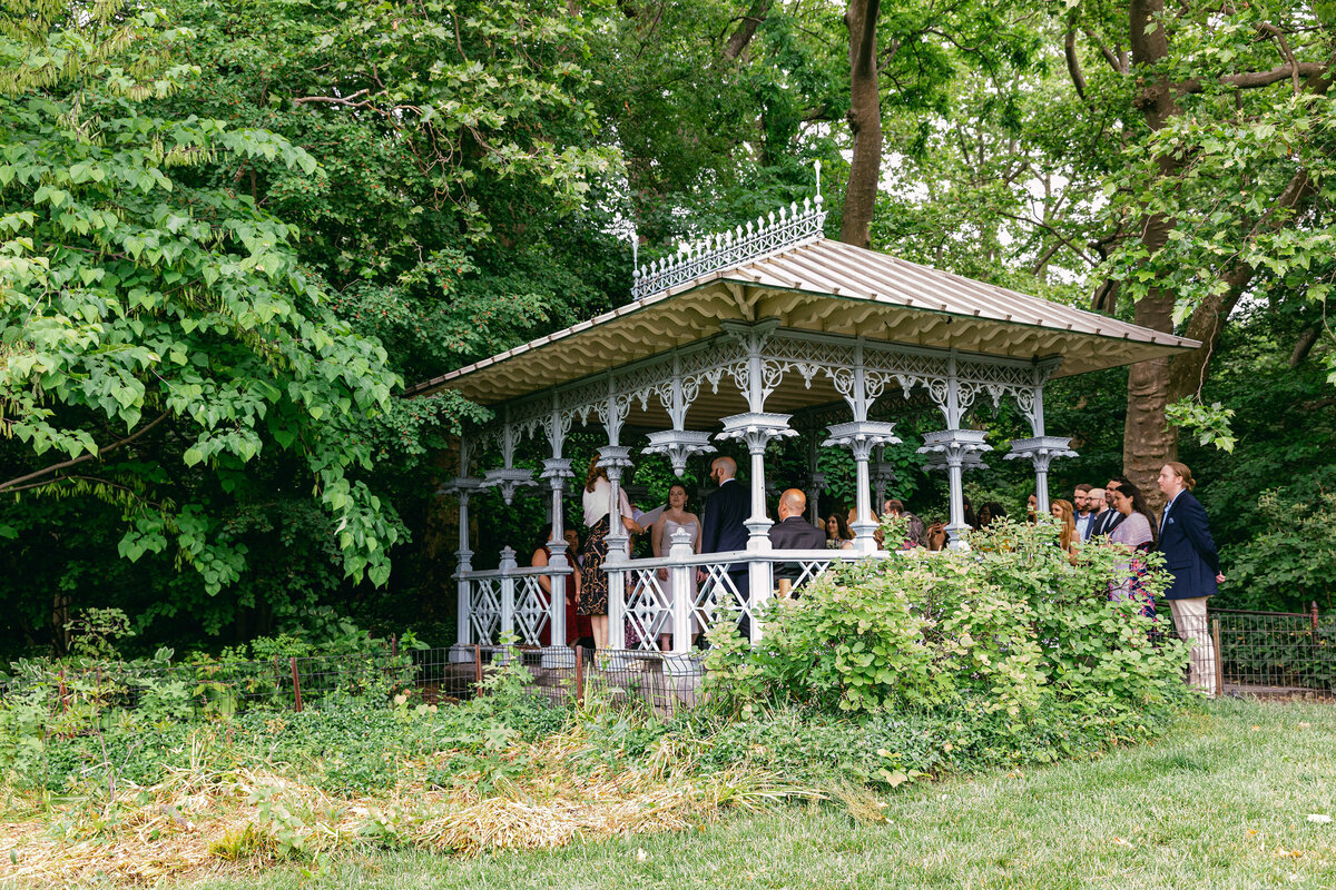 A wedding ceremony at the Ladies' Pavilion in Central Park.