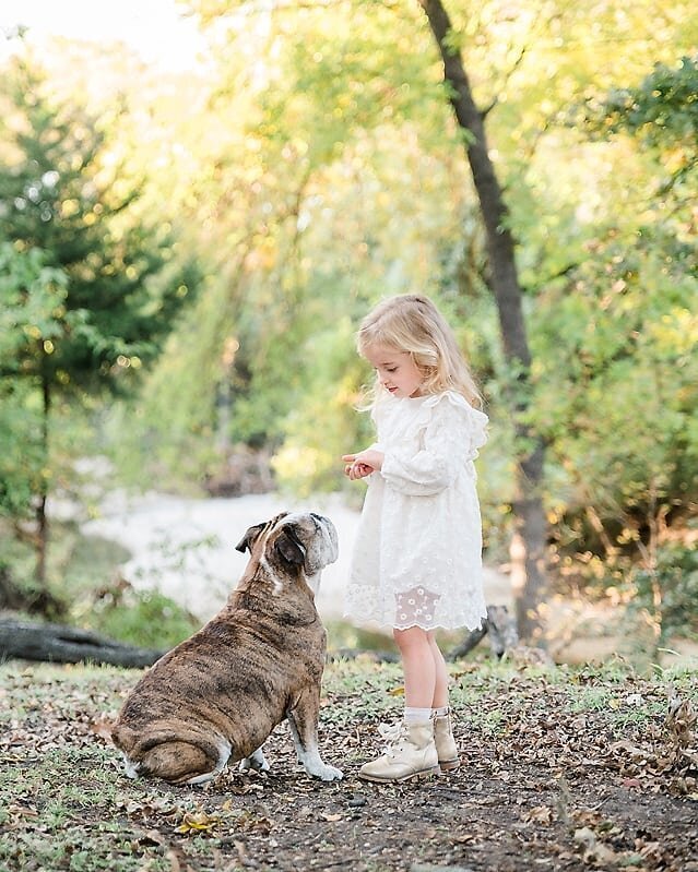 Young girl wearing a white dress in a park feeding her puppy a treat while the dog sits in front of her.
