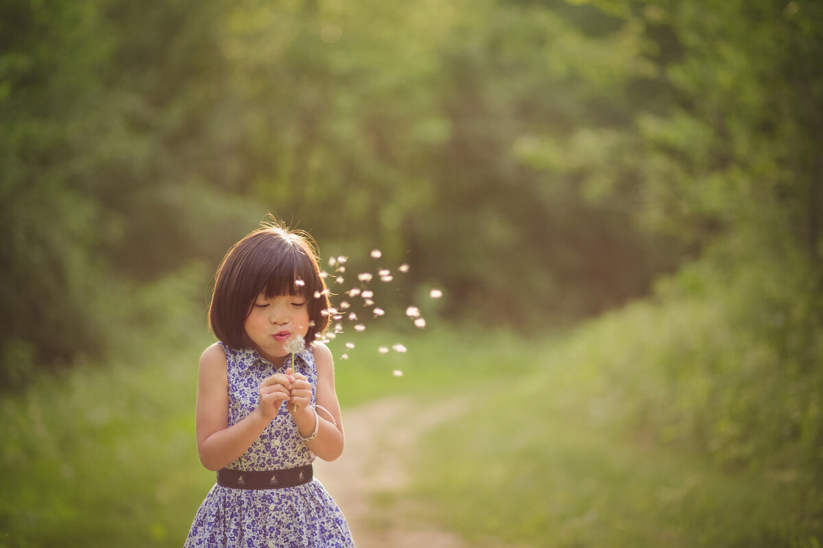 young girl blowing dandelion in nature