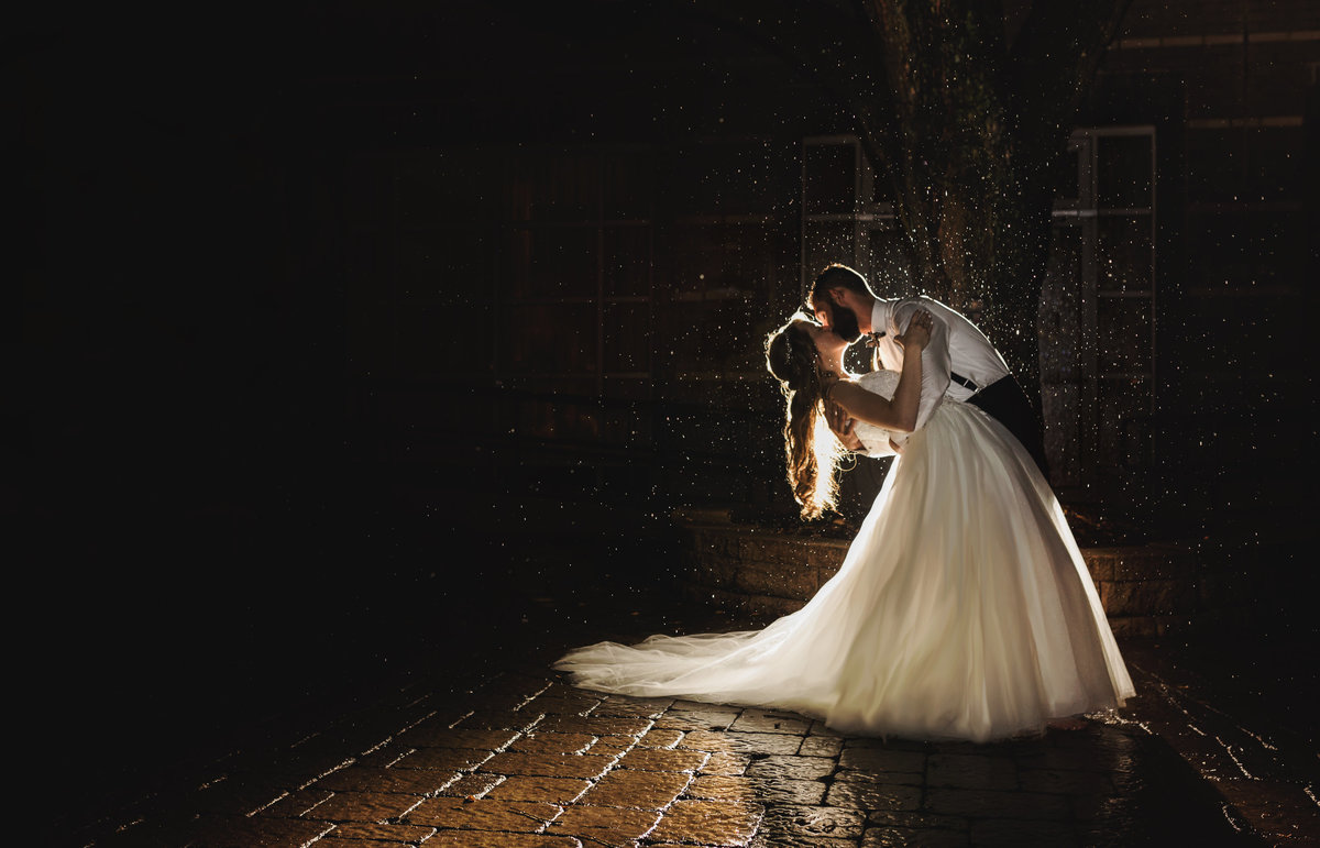 charlotte wedding photographer jamie lucido with bride and groom in the evening with beautiful rain frozen around them as they kiss