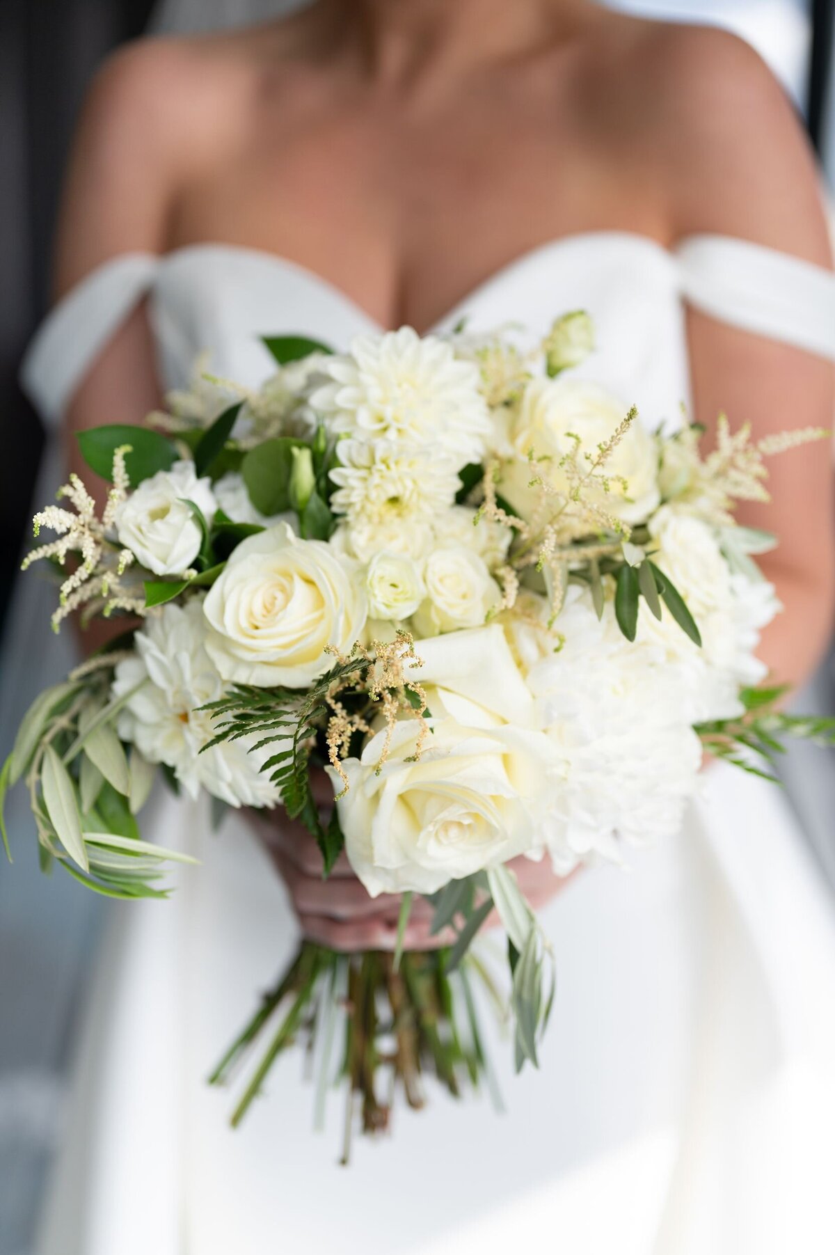 Close up of white wedding bouquet