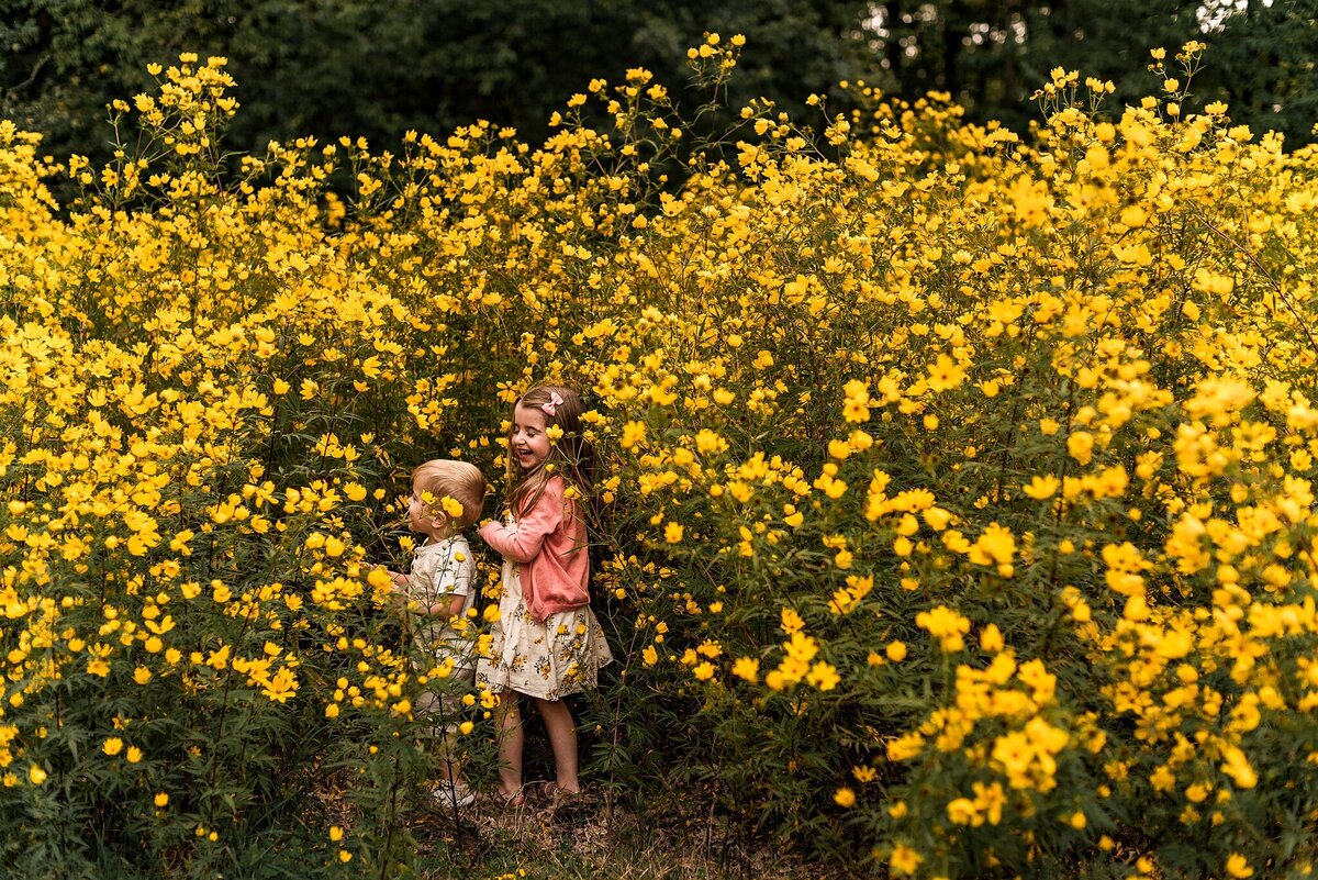 Two kids playing in yellow flowers
