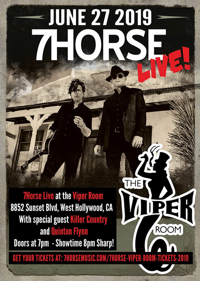 Band gig poster 7horse two members standing in front of house in desert black and white