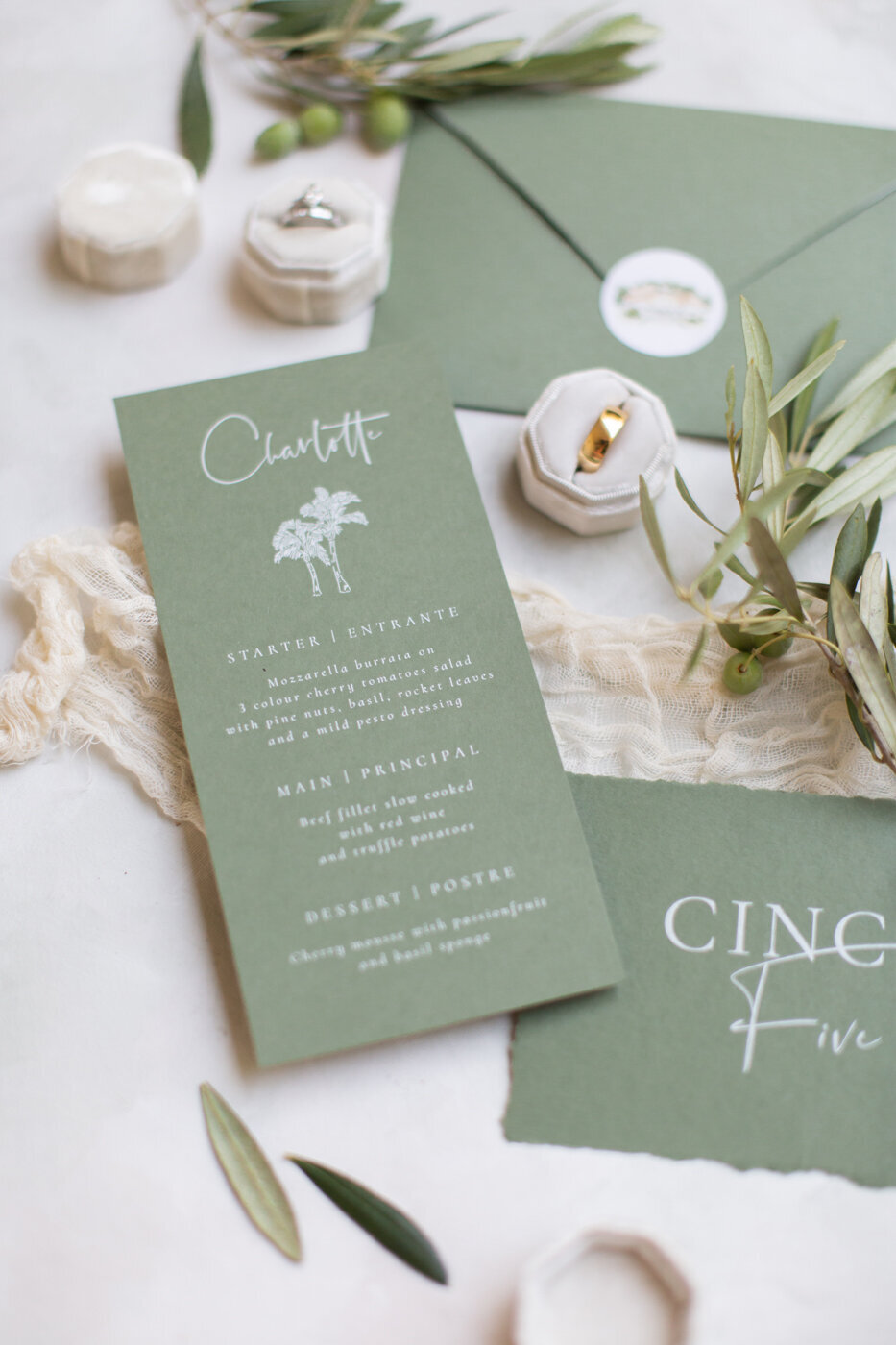 Olive green wedding stationery