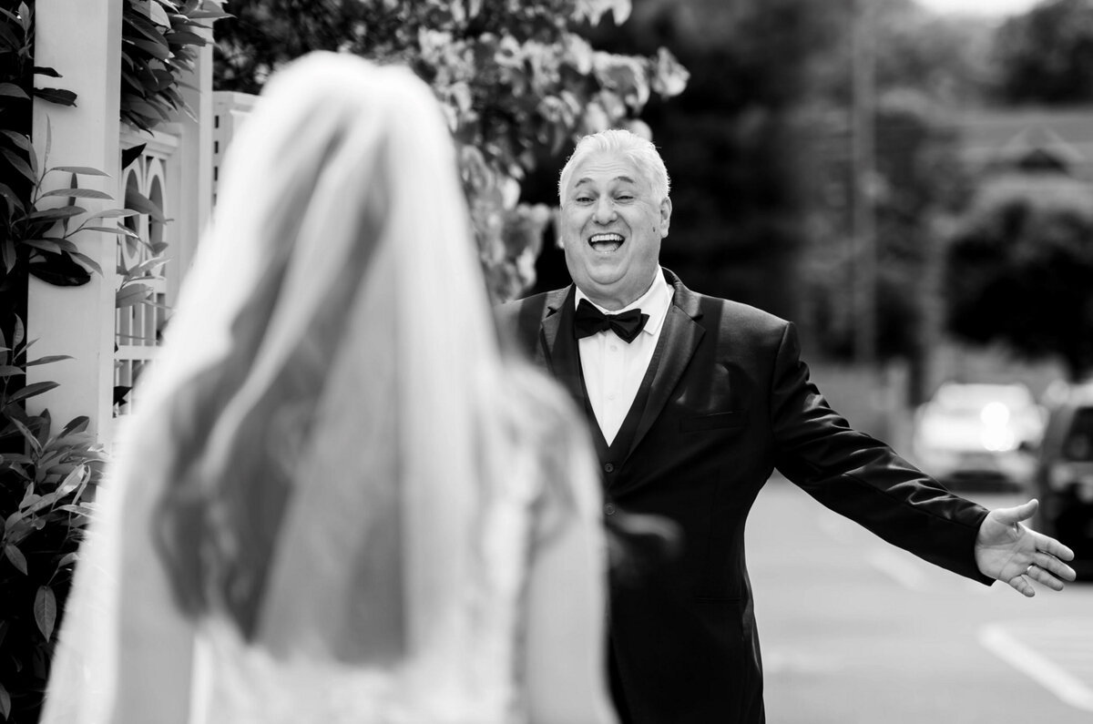 bride's father, seeing his daughter for the first time before her wedding at Crystal point yacht club in point pleasant nj