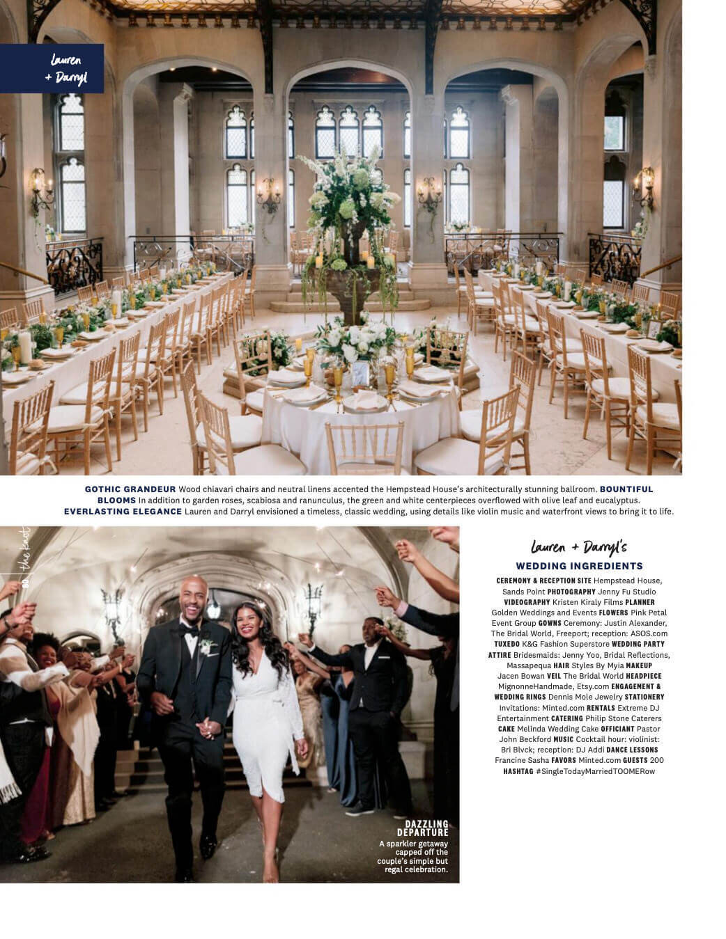 A page in The Knot Magazine where there are images of the bride and groom and the wedding venue. Image by Jenny Fu Studio