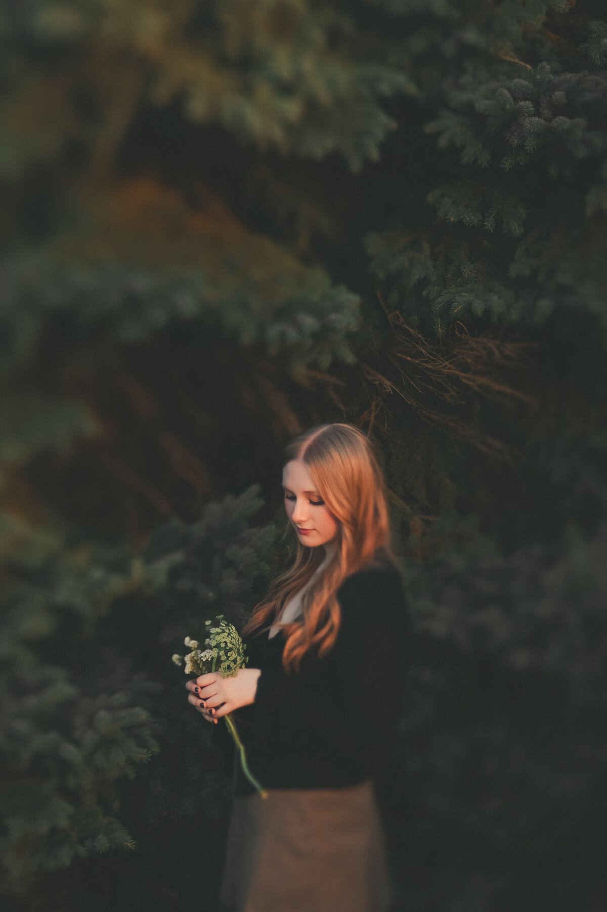 Female standing against a pine tree as she looks at the bouquet of flowers in her hands. taken at sunset