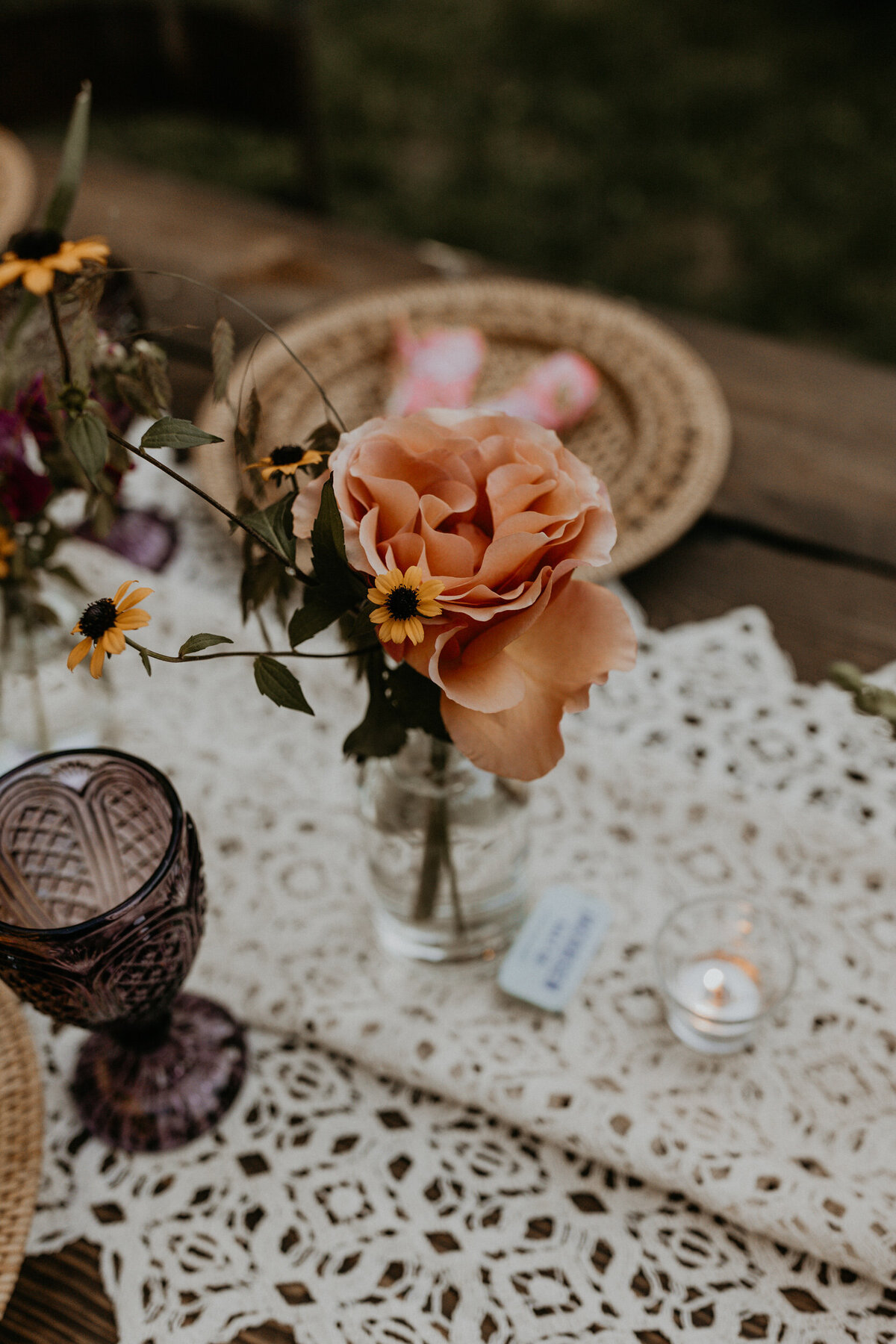 colorful details at tables for an intimate wedding reception