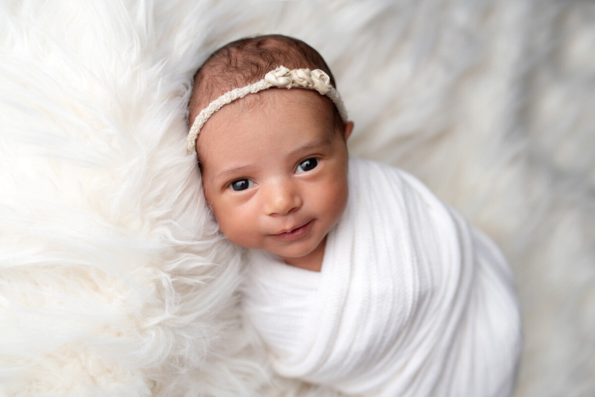 Newborn session of baby girl wearing a floral bow