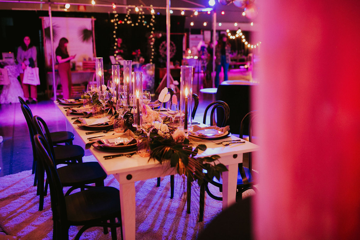 Marry Me Night Market black and white table designed by Luxe Event Productions with floral by GoodSeed Floral