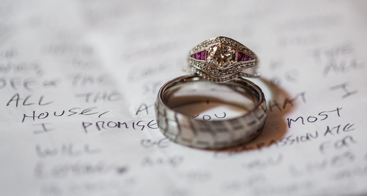 Photo of bride and grooms wedding rings on top of their handwritten vows