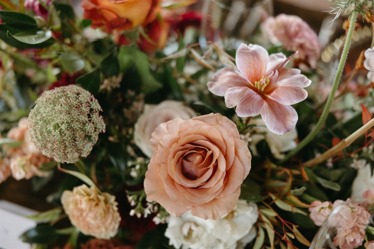 Dusty pink, white and greenery florals for Spring wedding at The St Vrain, Colorado