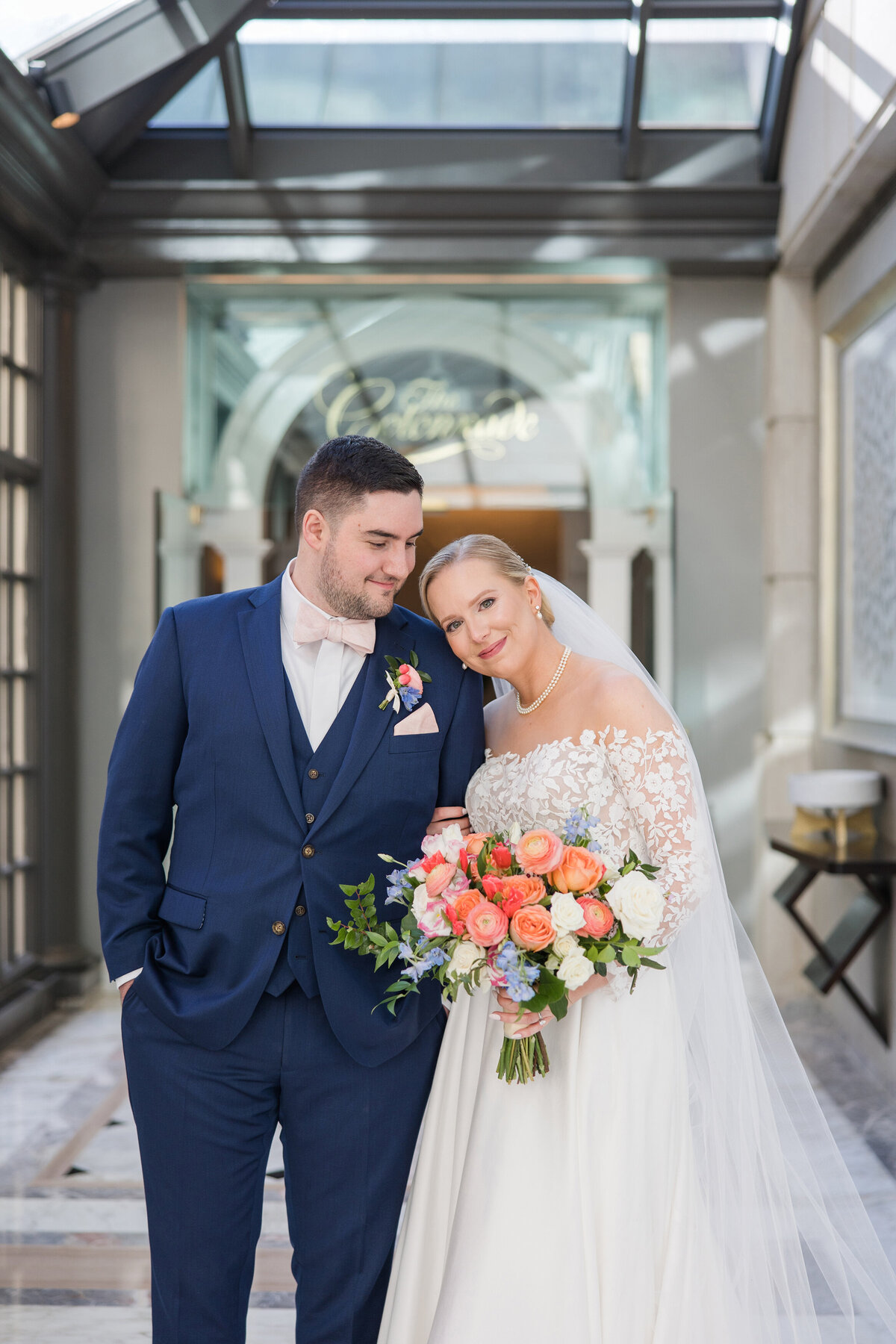 Fairmont Hotel Georgetown Washington, DC spring wedding photo of bride and groom at The Colonnade by Christa Rae Photography