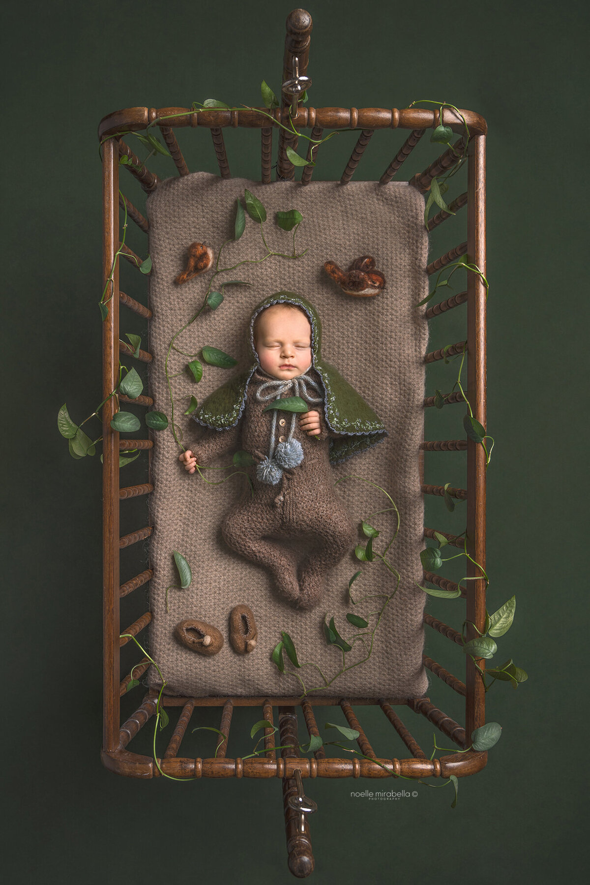 Baby in brown knit sleeper and green embroidered cape sleeping in a cradle.