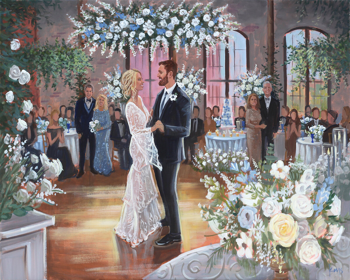 Charleston Live Wedding Painter, Ben Keys, captures first dance under floral installation at The Cedar Room at downtown Charleston wedding.  The flowers are dusty blue and white by Pure Luxe Bride