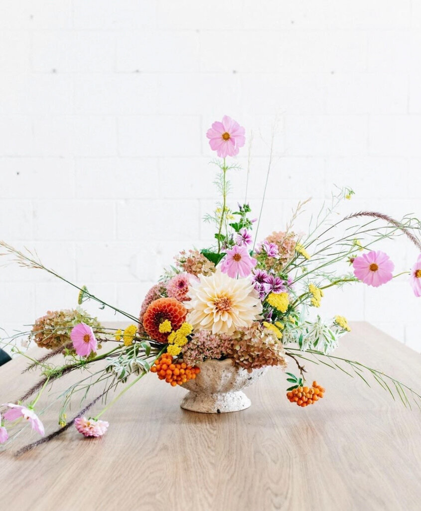 Fun and colourful reception centrepiece  by J.A.M Florals, contemporary and playful Kelowna wedding florist, featured on the Brontë Bride Vendor Guide.