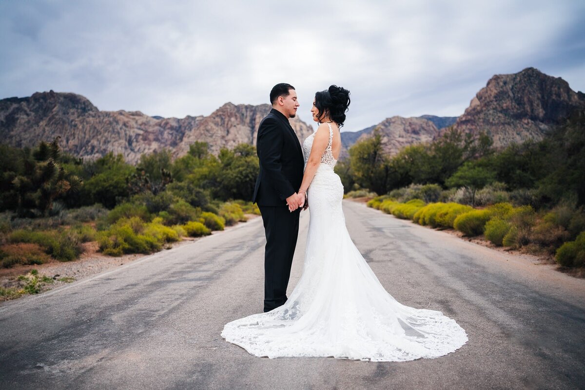 A picturesque scene of the couple strolling with the stunning red rocks of Las Vegas as the backdrop for their wedding photos, creating a breathtaking moment of love and nature's beauty.