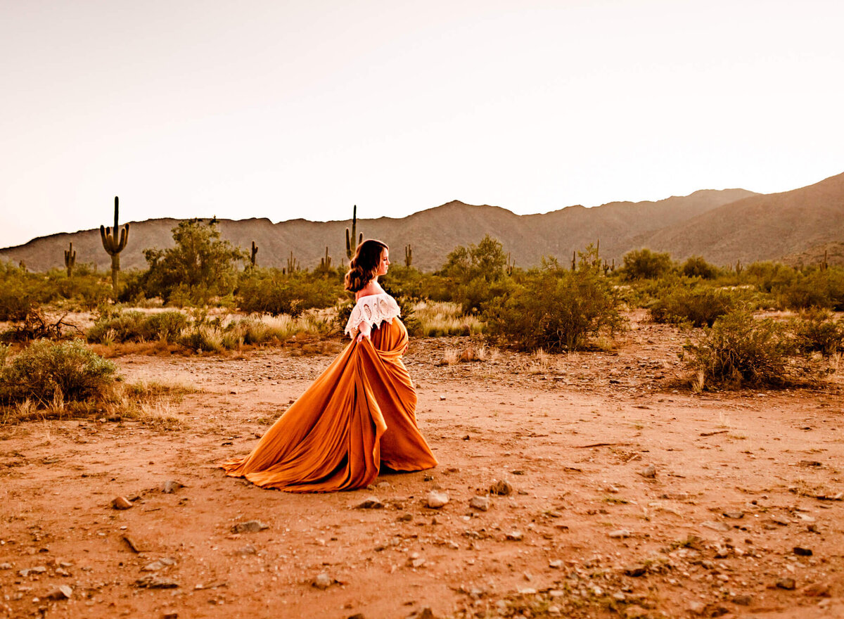 boho maternity dress worn by AZ mother during maternity session with Cactus & Pine Photography LLC
