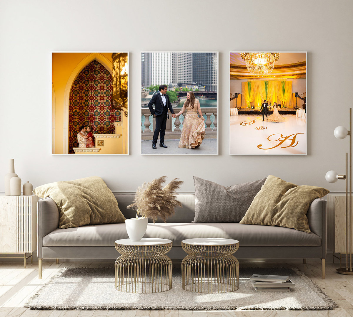 3 image composite on the wall of a bright living room.